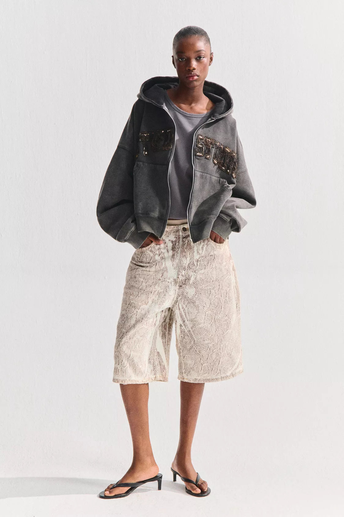 Snakeskin print skater denim Bermuda shorts